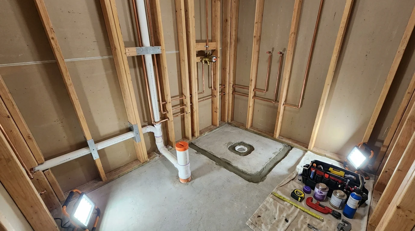 Bathroom rough-in plumbing during remodel by Johns Plumbing LLC in Fort Totten