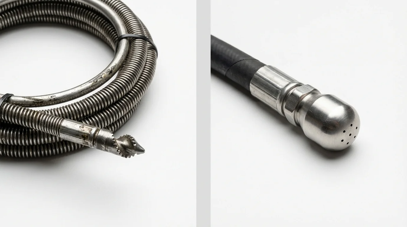 Drain snake cable and hydro jetting nozzle used for drain cleaning in Fort Totten, ND