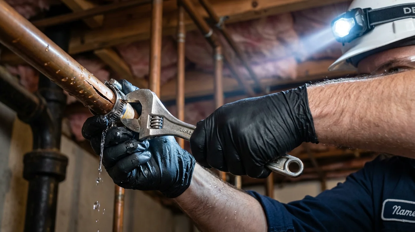 Emergency pipe clamp repair being performed by a Johns Plumbing LLC plumber in Fort Totten