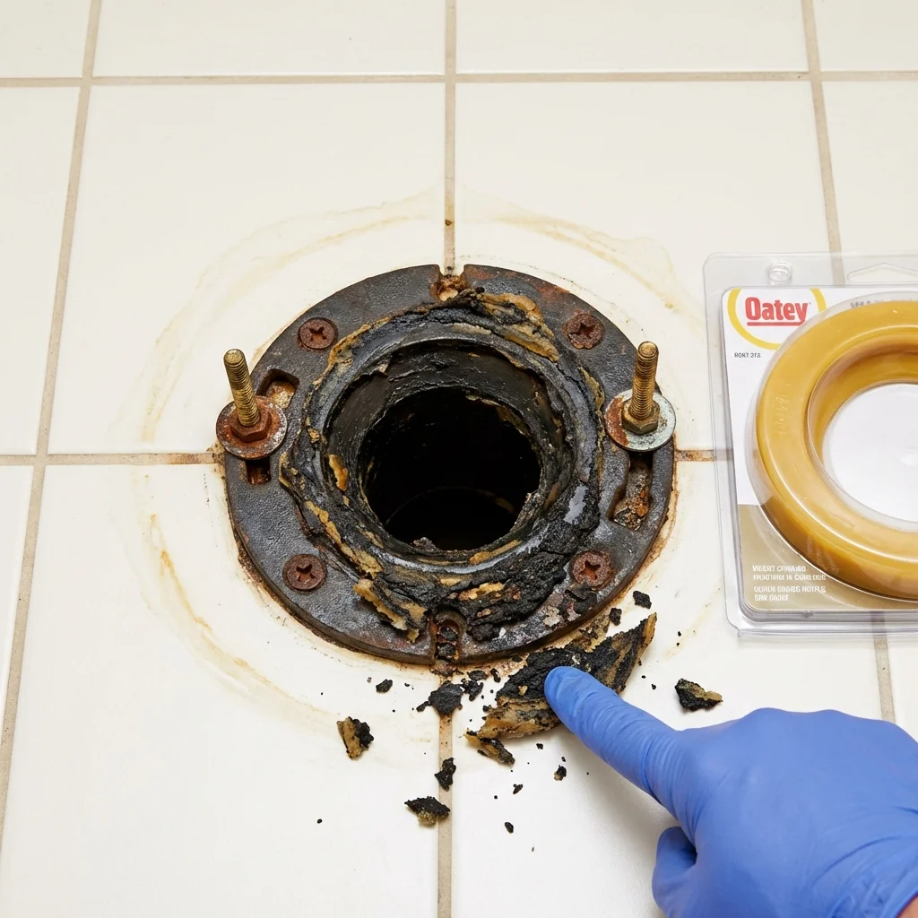 Failed wax ring showing water seepage at the base of a toilet in a Fort Totten, ND home