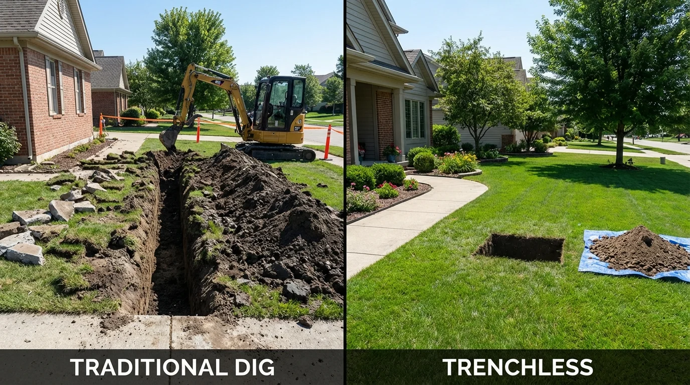 Trenchless sewer repair with minimal yard damage versus traditional excavation in Fort Totten, ND