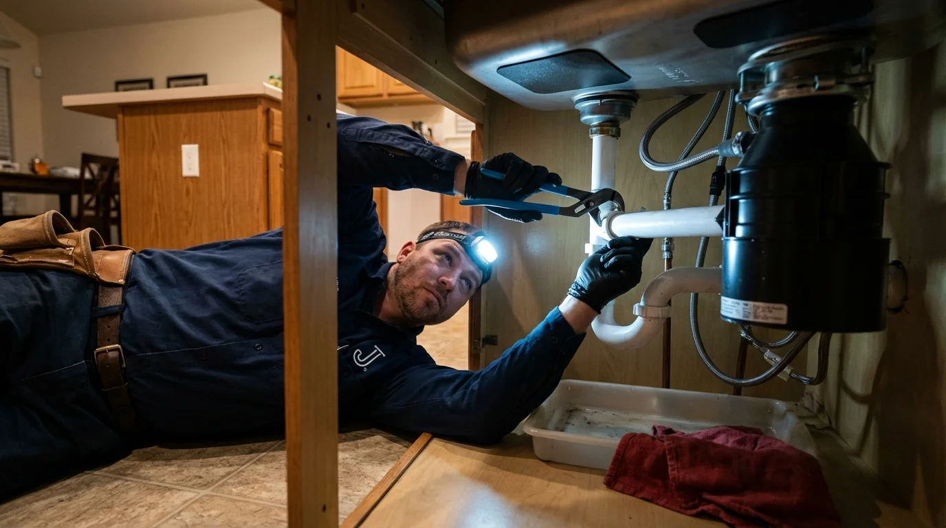 P-trap and supply line connections under a kitchen sink showing a common leak point in Fort Totten, ND